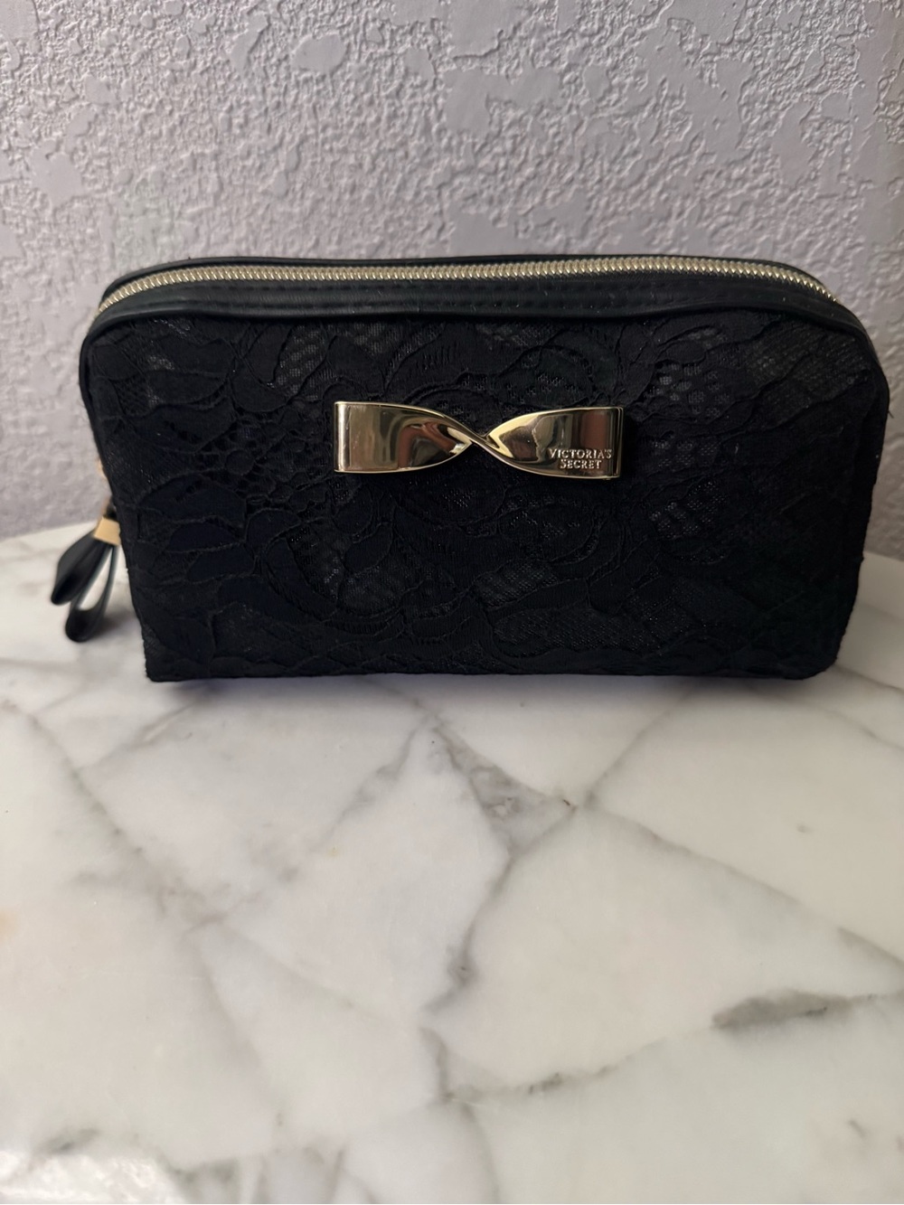 Victoria's Secret Black Lace Cosmetic bag/pouch with shiny Gold Bow Accent